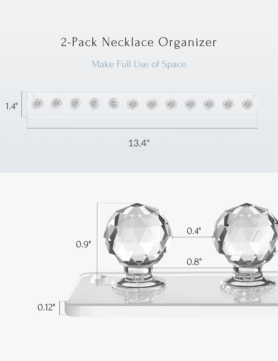 Necklace Holder, Acrylic Necklace Hanger, Wall Mount Necklace Organizer, Jewelry Hooks for Necklaces, Bracelets, Chains (2-pack Clear)