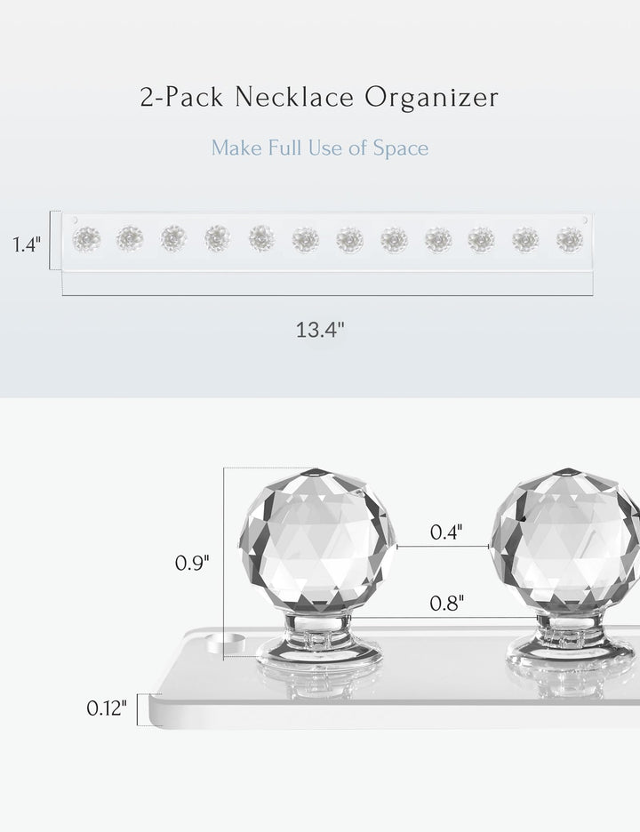 Necklace Holder, Acrylic Necklace Hanger, Wall Mount Necklace Organizer, Jewelry Hooks for Necklaces, Bracelets, Chains (2-pack Clear)