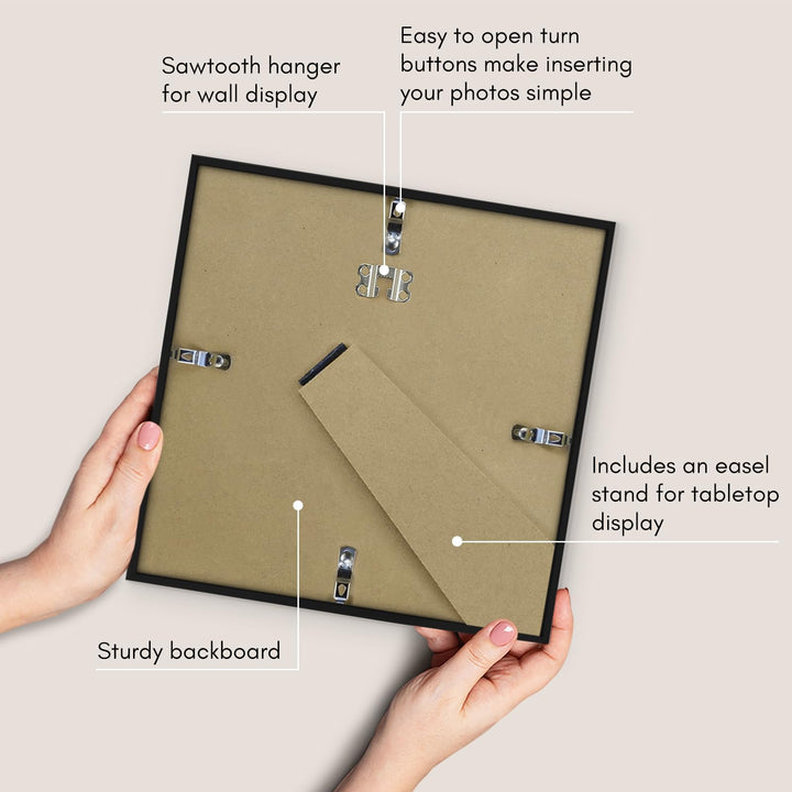 10x10 Picture Frame with Shatter-Resistant Glass - Use as 8x8 Frame with Mat or 10x10 Frame Without Mat - Streamline Collection - Thin Picture Frame for Tabletop and Wall Display - Black