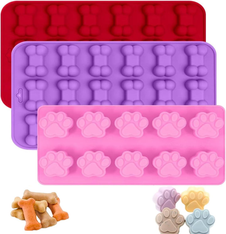 Silicone Molds, Cute Paw and Bone Dog Treat Molds Non-stick Natural Food Grade Silicone Molds for Baking/Candy/chocolate/Cookie/Jello/Gummy(3 Pcs)