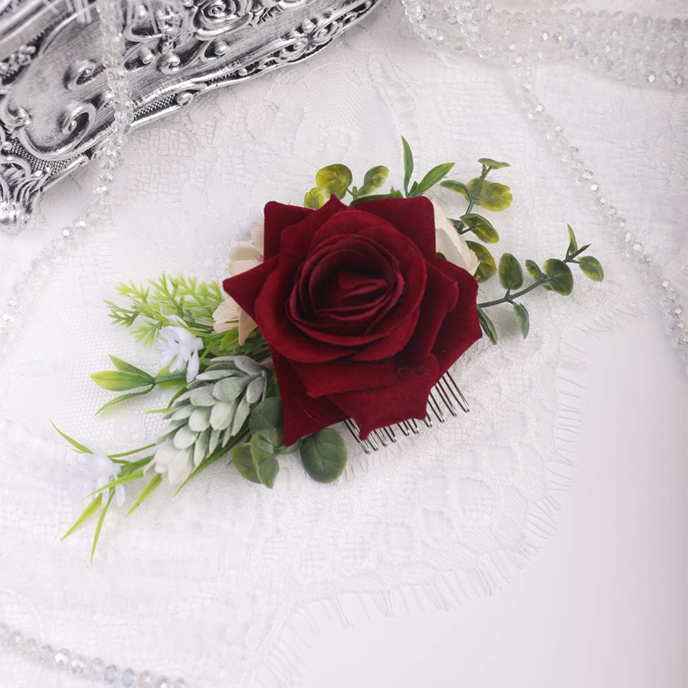Bridal Flower Hair Comb Burgundy Dark Red Rose Cream Daisy Eucalyptus Greenery Headpiece for Rustic Wedding Photo Shoot Prom Party Festival