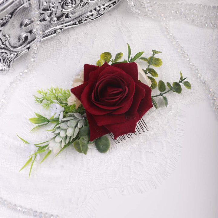 Bridal Flower Hair Comb Burgundy Dark Red Rose Cream Daisy Eucalyptus Greenery Headpiece for Rustic Wedding Photo Shoot Prom Party Festival