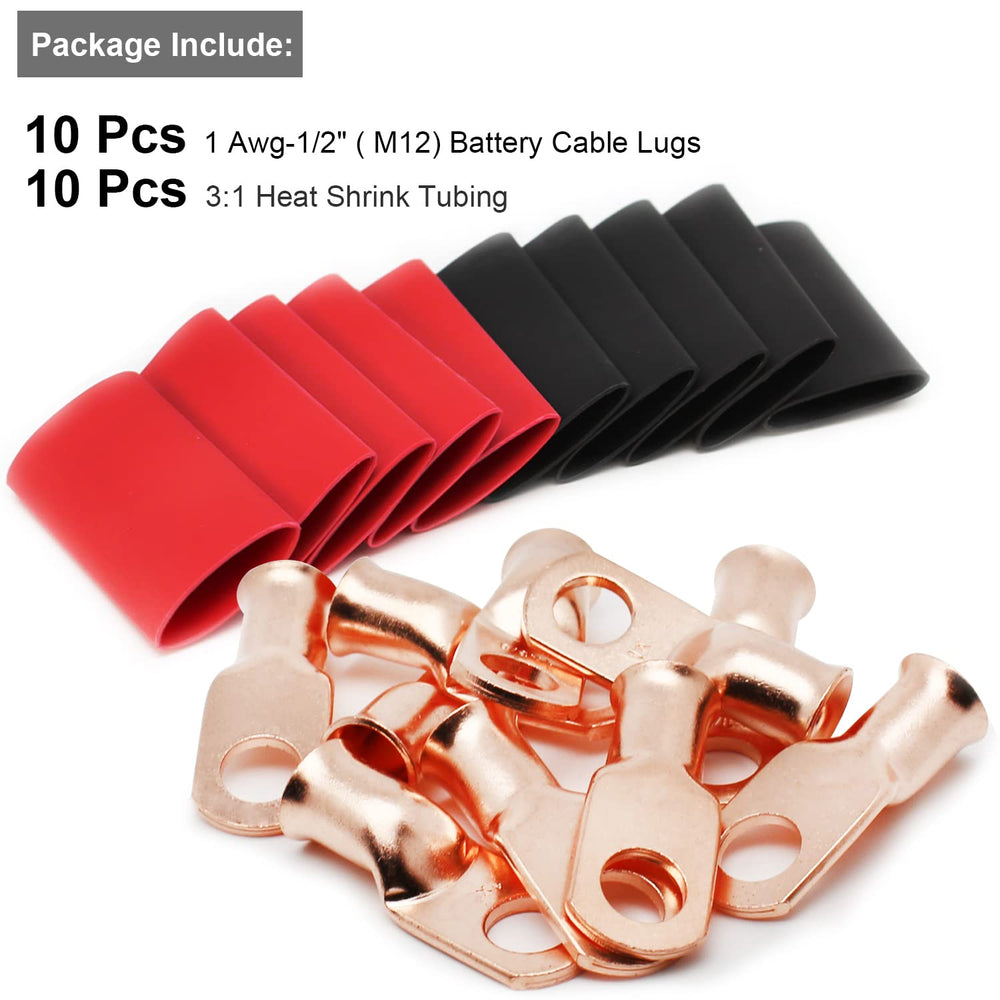 10pcs 1 AWG-1/2 Battery Lugs,Copper Wire Lugs,Heavy Duty Battery Cable Ends,Tubular Ring Terminals,AWG Crimp Wire Ring Lugs,Battery Terminal Connectors with 3:1 Heat Shrink Tubing