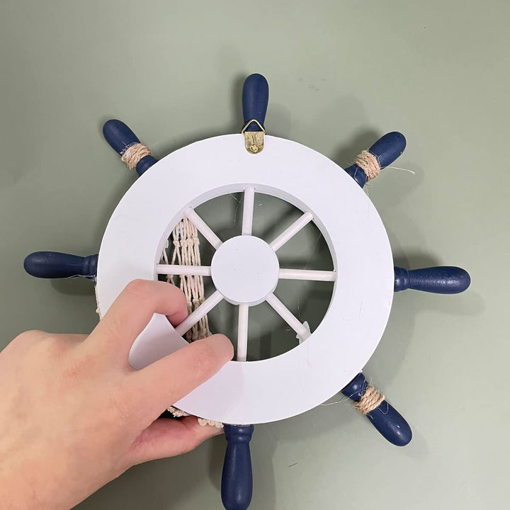 Wooden Ship Wheel Rudder Wall Decor, Nautical Beach Ocean Decor Wooden Boat Ship Steering Wheel Home Wall Hanging Decoration 9 inch (Blue3)