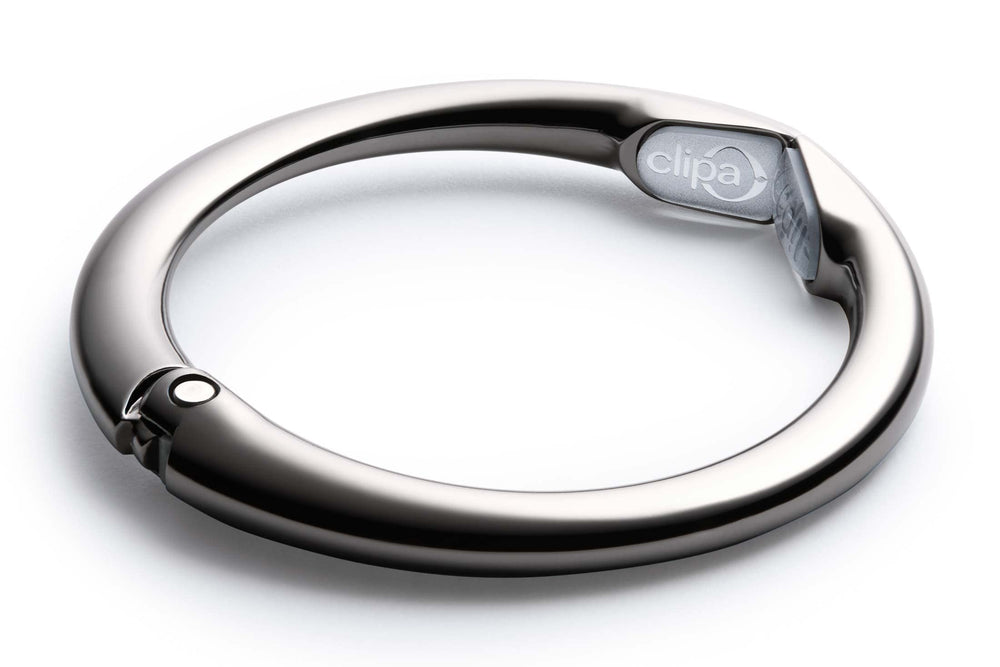 Bag Hanger - Polished Hematite PVD - The Ring That Opens Into a Hook and Hangs in Just 1/2 of Space, Holds 33 lbs., 3 yr. Warranty