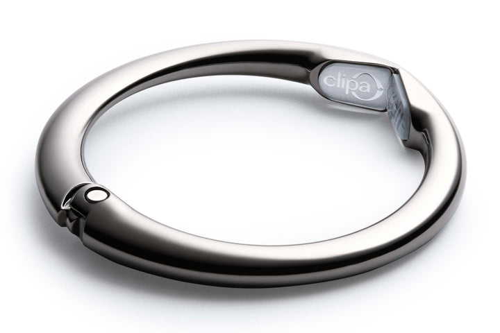 Bag Hanger - Polished Hematite PVD - The Ring That Opens Into a Hook and Hangs in Just 1/2 of Space, Holds 33 lbs., 3 yr. Warranty