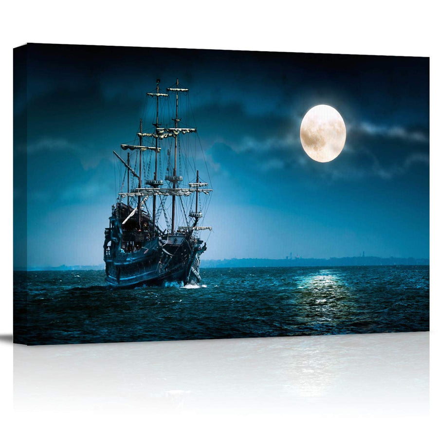 Canvas Wall Art - Night Ship Sea Navigation Moon Pictures - Modern Wall Decor Gallery Canvas Wraps Giclee Print Stretched and Framed Ready to Hang - 12 x 16