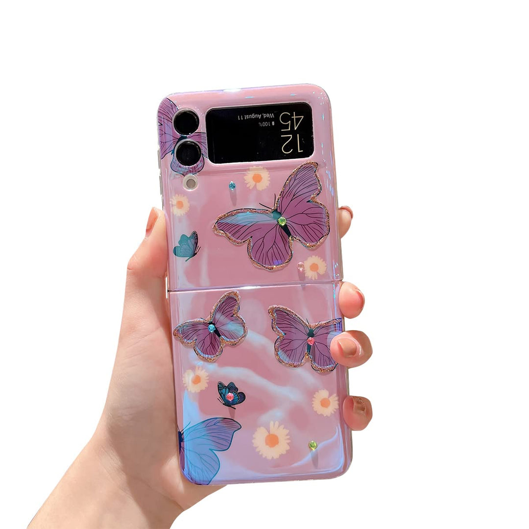 Compatible with Samsung Galaxy Z Flip 3 Case Cute 5g Glitter Bling Cartoon IMD Soft Z Flip 3 (2021) TPU Shockproof Protective Phone Cases for Girls and Women - Butterfly