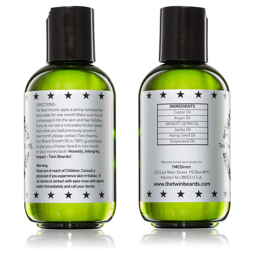 Twin Beards Natural Beard Growth Oil | Beard Oil for Men Growth | Beard Softener | Beard Conditioner for Men | Beard Growth Serum | Castor Oil & Tea Tree Oil 3 oz