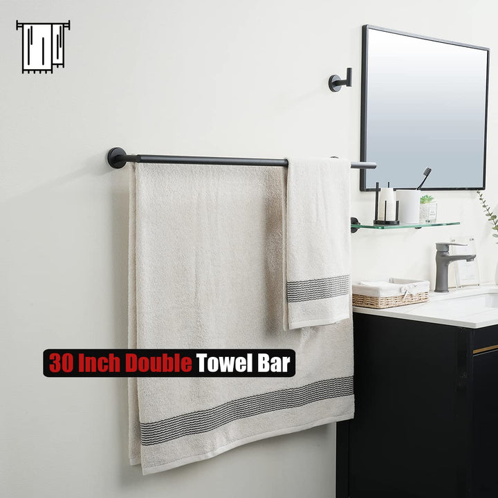 Double Bath Towel Bar, Matte Black 30 Inch 304 Stainless Steel Thicken 0.8mm Towel Rack for Bathroom, Towel Holder Wall Mount, 33 in Total Length, TB100L30-PB