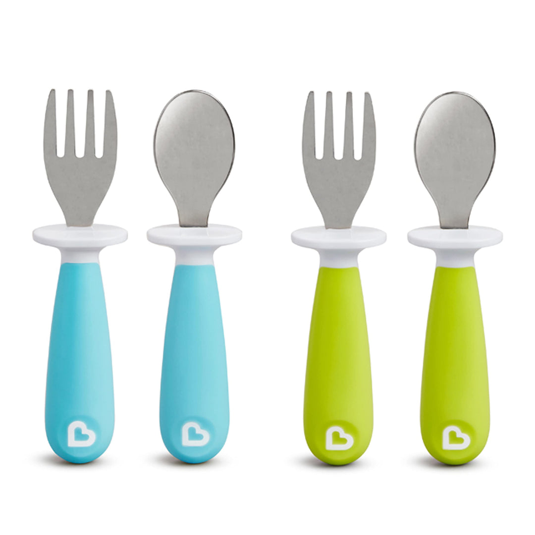 ® Raise™ Toddler Fork and Spoon Utensil Set, Rest Keeps Tip Off Table, BPA Free, 4 Pack, Blue/Green