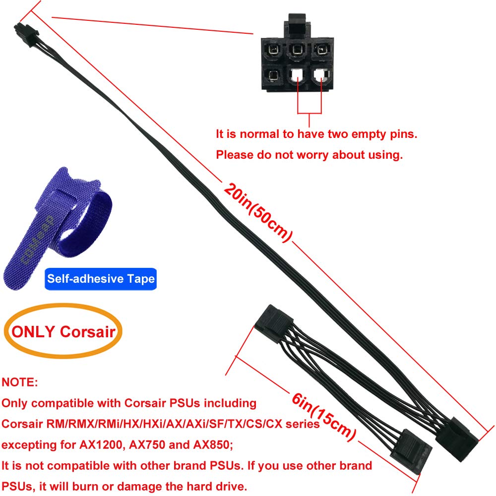 COMeap Molex Power Cable for Corsair PSUs, 6 Pin to 3X 