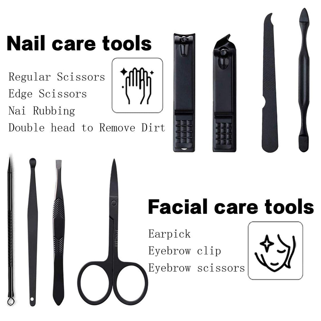 Manicure Kit Nail Clippers Set Stainless Steel Professional Pedicure Black 8 in 1 Grooming Nail Scissors Cutter Ear Pick Tweezers Scissors Eyebrow Nail file for Man&amp;Women gift (black/red_8in1)