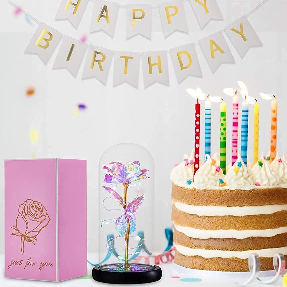 Birthday Gift for Women,Rose Flower Gifts for her,Artificial Flower Lasts in A Glass Dome, Unique Gifts is for Mothers Day,Christmas,Anniversary,Valentine's Day (Colorful)