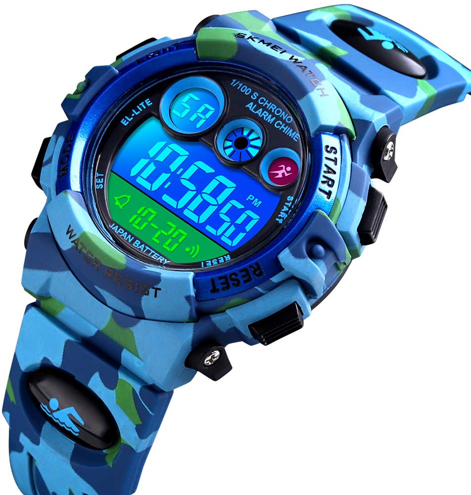 Men's Military Sports Electronic Watch Outdoor Mountaineering Multi Function Watch Waterproof Army Tactics Chronograph Large Dial Student Sport Watch LED Fashion Watch (X Blue Camouflage)