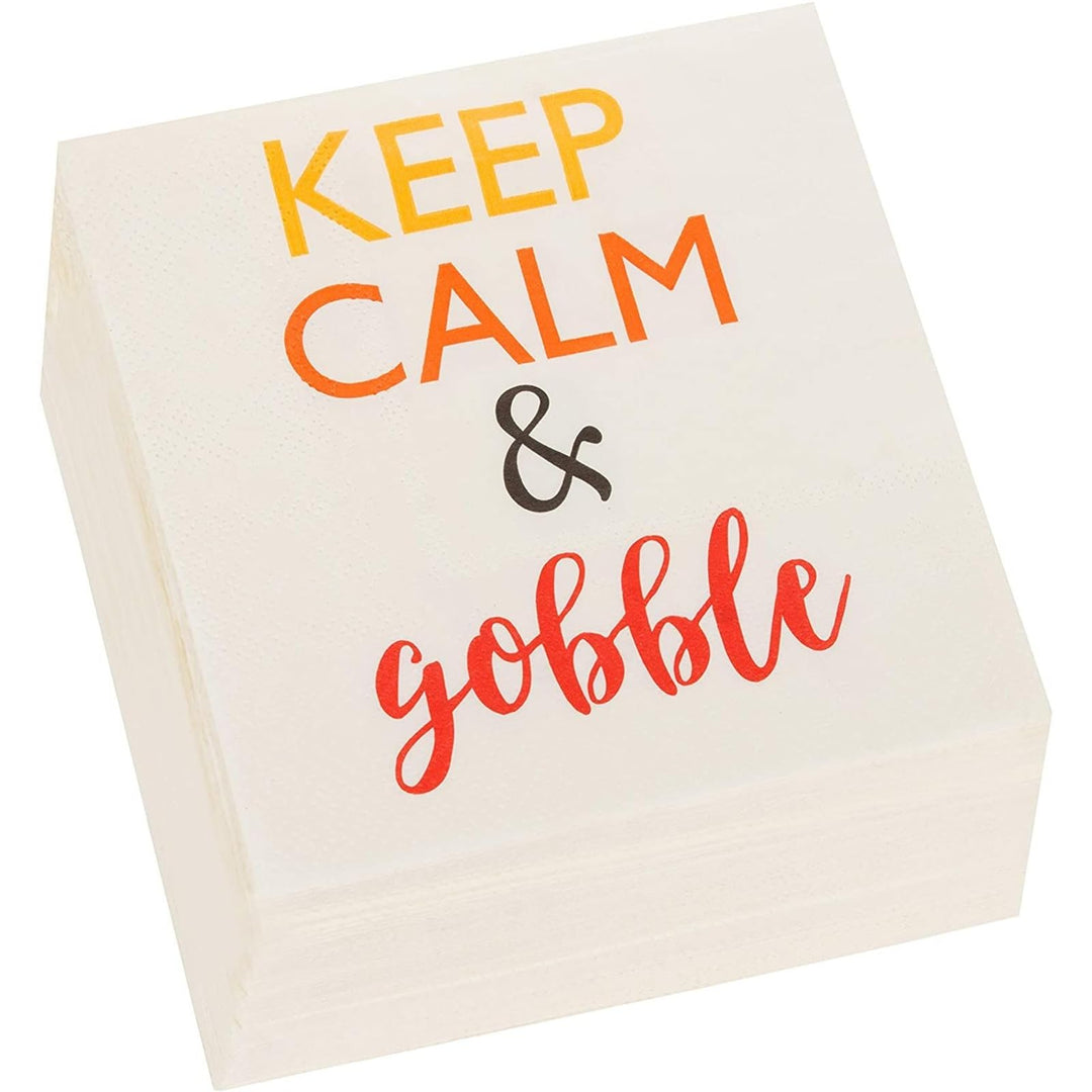 Cocktail Napkins - 100-Pack Disposable Paper Napkins, Autumn Thanksgiving Dinner Party Supplies, 3-Ply, Keep Calm and Gobble, White, Unfolded 10 x 10 Inches, Folded 5 x 5 Inches