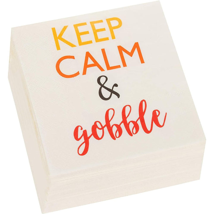Cocktail Napkins - 100-Pack Disposable Paper Napkins, Autumn Thanksgiving Dinner Party Supplies, 3-Ply, Keep Calm and Gobble, White, Unfolded 10 x 10 Inches, Folded 5 x 5 Inches