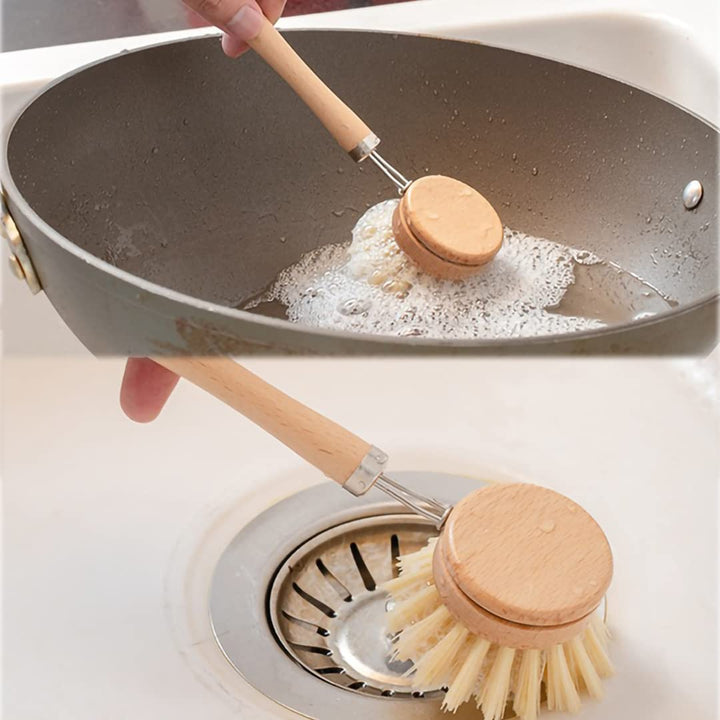 Natural Kitchen Cleaning Brush Set, 4 Pieces, Long Wood