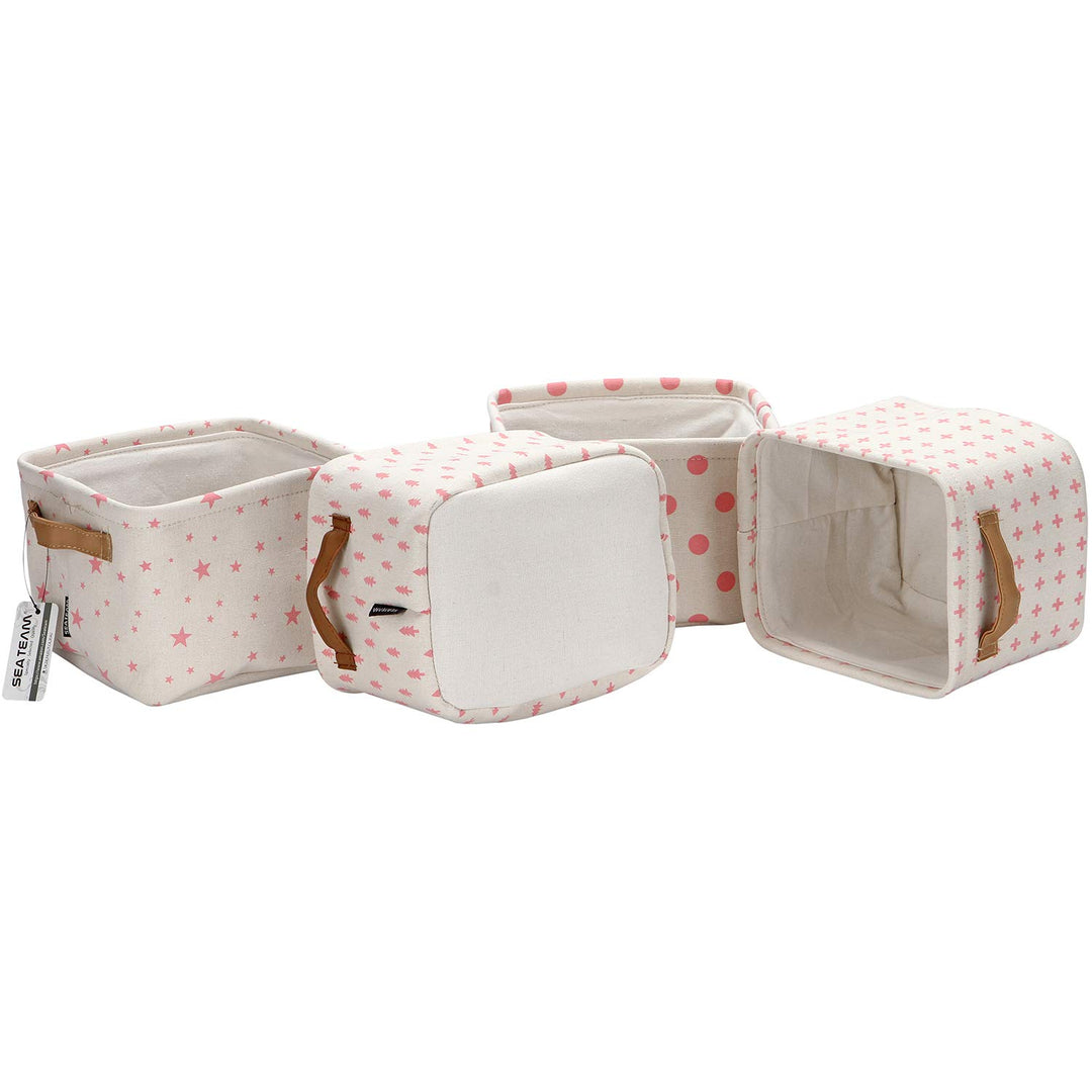 Collapsible Small Canvas Fabric Storage Basket with Handles, Square Mini Storage Box, Cube, Foldable Shelf Basket, Closet, Desk Organizer for Nursery, Home, Office (Pink, Set of 4)