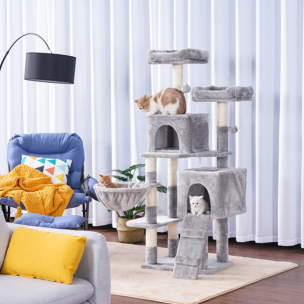 58&#39;&#39; Multi-Level Cat Tree Condo Furniture with Sisal-Covered Scratching Posts, 2 Plush Condos, Hammock for Kittens, Cats and Pets Light Gray MPJ013W