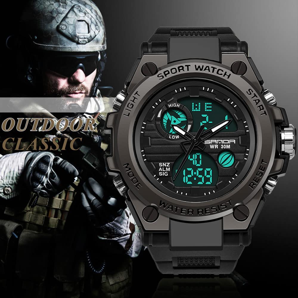 Men's Watches Sports Outdoor Waterproof Military Watch Date Multi Function Tactics LED Alarm Stopwatch (26_Black)