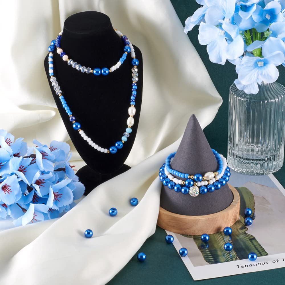 100pcs/strand 8mm Round Glass Pearl Beads Strand Tiny Satin Luster Pearl Beads Loose Spacer for DIY Bracelet Necklace Earrings Jewelry Making Crafts Supplies (Royal Blue)