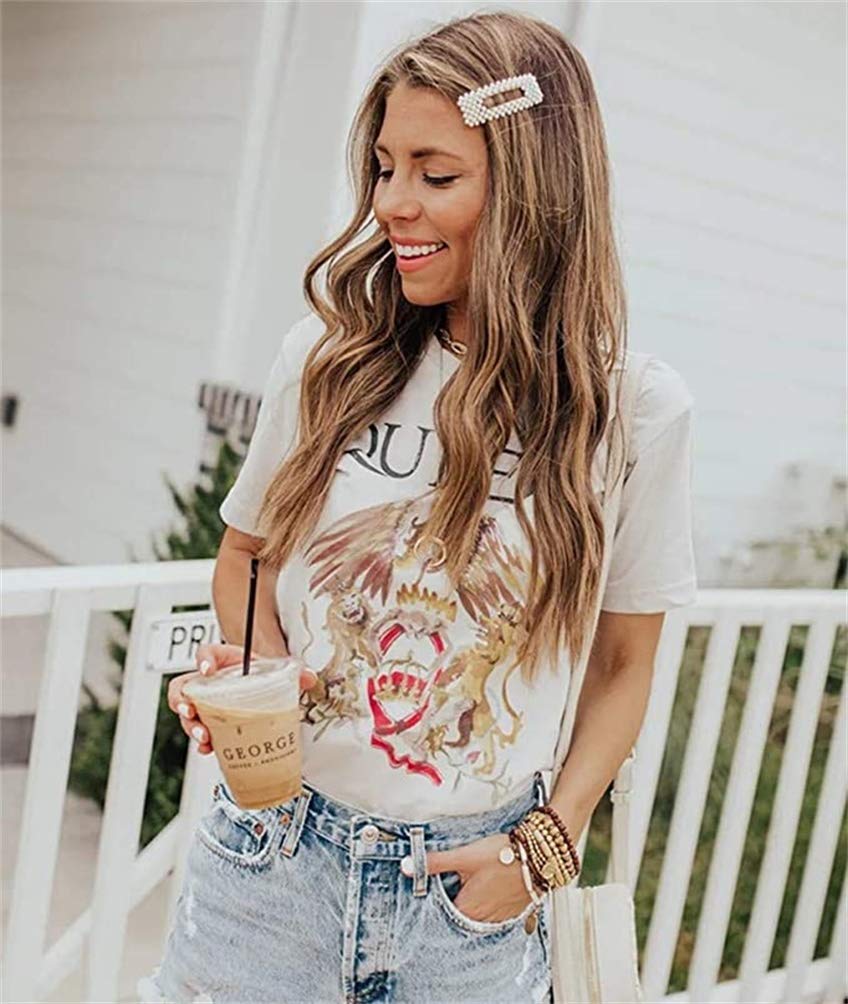 Womens Band Shirts Short Sleeve Vintage Graphic Tees Summer Casual Tops (Medium, Beige)