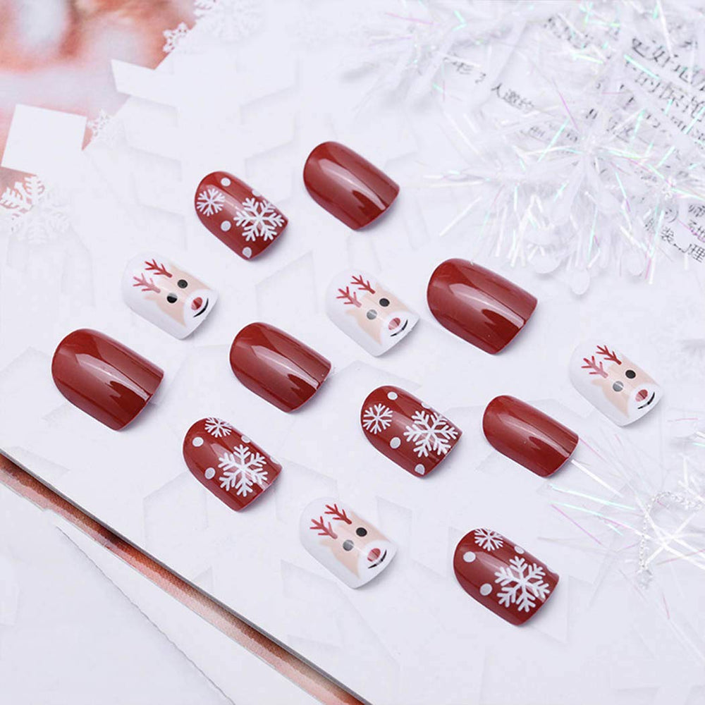 Press on Nails Short Square Fake Red Nails for Christmas Snowflake False Nails with Designs Reindeer Nails Full Cover Artificial Nails Acrylic Nails Stick on Nails for Women and Girls Gifts