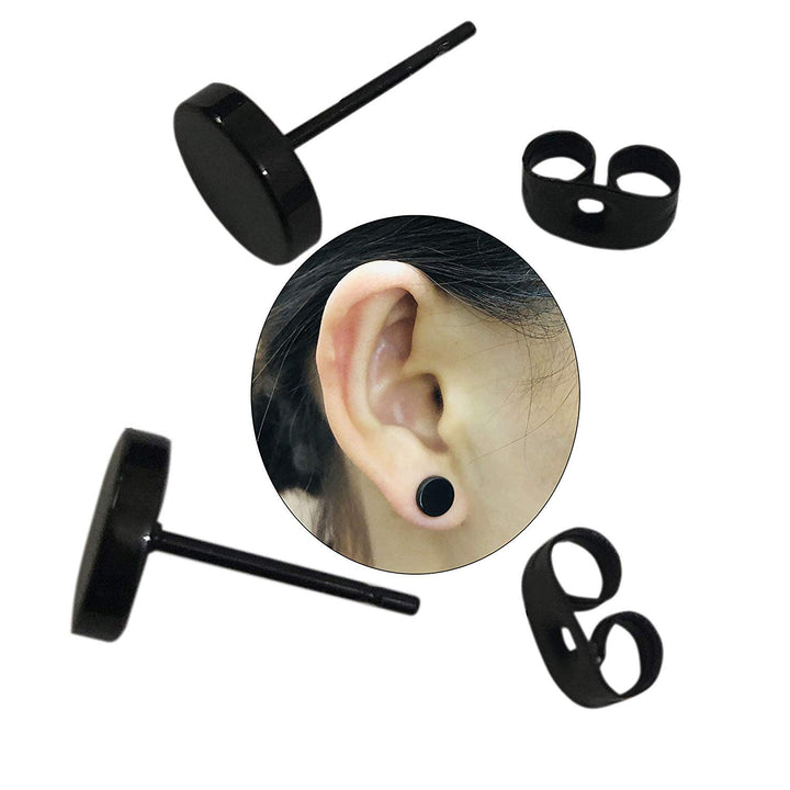 8mm Black Round Stud Earrings Set Stainless Steel Ear Studs for Men Women Tunnel Plug Post Pierced Tunnel, 2pcs/1 Pair