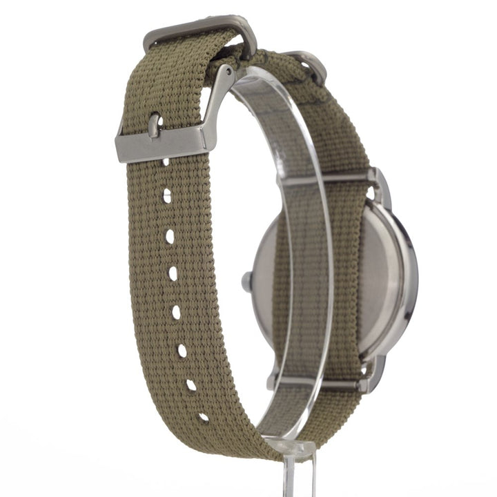 Unisex Weekender 38mm Watch – Silver-Tone Case Cream Dial with Olive Fabric Slip-Thru Strap