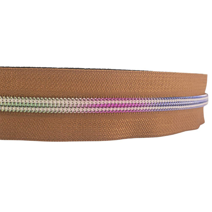 VOC Zippers for Sewing,5# Zippers-Nylon Coil Zippers by The Yard,Rainbow Teeth Multicolor 10 Yard with 20PCS White Gold Zipper Slider for Tailor Crafts (Black+Khaki Tape)