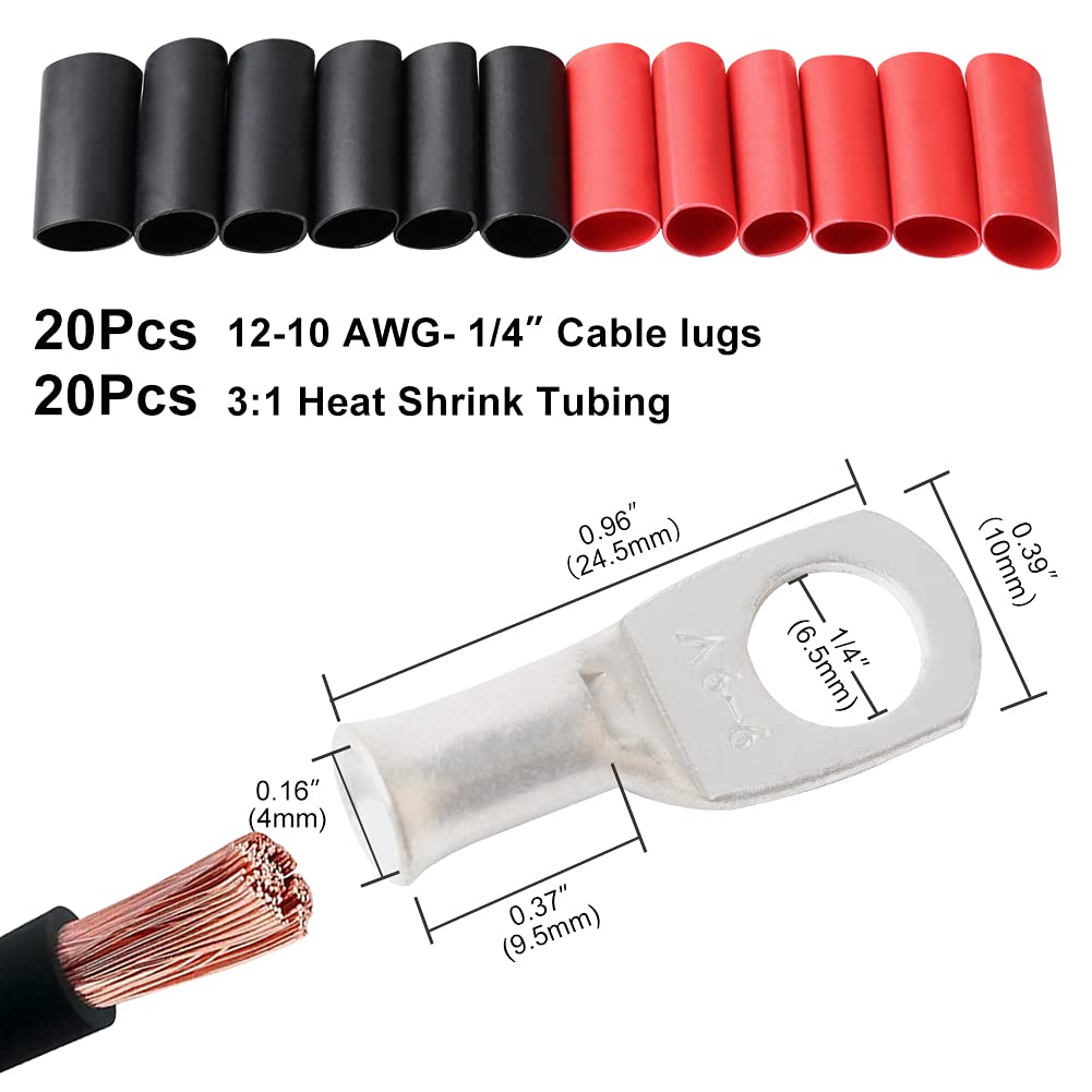 Battery Wire Lugs 12-10AWG 1/4 Stud(M6), 20pcs Heavy Duty Battery Cable Ends, Copper Eyelets Terminal Connectors,Tubular Ring Terminals with 3:1 Dual Wall Heat Shrink Tubing, TKL6-6
