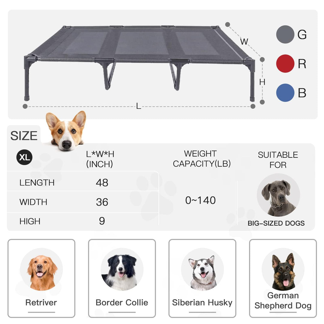 Suddus Elevated Dog Bed for Large Dogs 140lb, Breathable Cooling Raised Dog Cot with Dual Support Bars &amp; Metal Frame, No-Slip Feet, Waterproof Pet Bed for Indoor/Outdoor, X-Large, 48 * 36 * 9in, Grey