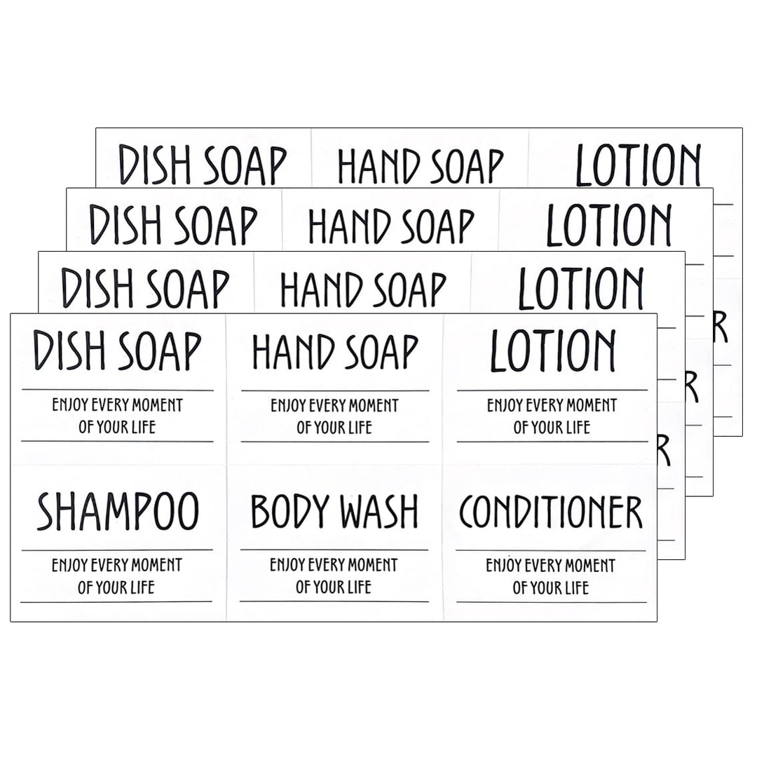 Printed Bathroom Labels Set 24PCS Waterproof Refillable Bottles Stickers for Dish Soap Body Wash Conditioner Shampoo Display White