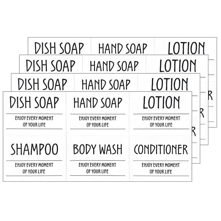 Printed Bathroom Labels Set 24PCS Waterproof Refillable Bottles Stickers for Dish Soap Body Wash Conditioner Shampoo Display White