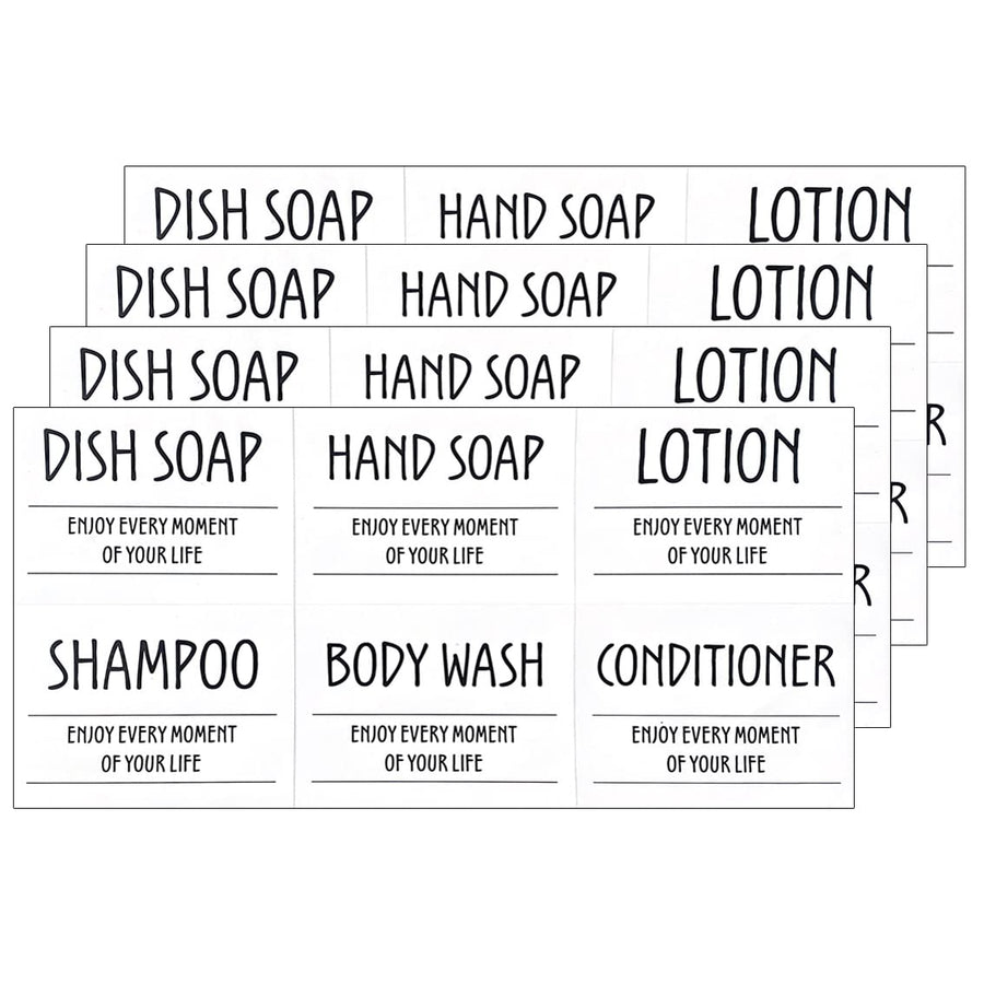 Printed Bathroom Labels Set 24PCS Waterproof Refillable Bottles Stickers for Dish Soap Body Wash Conditioner Shampoo Display White