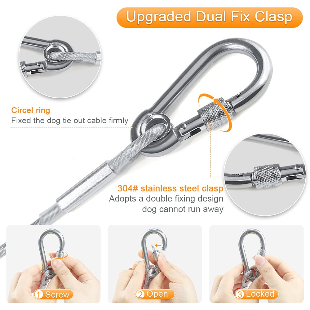 30FT Reflective Dog Tie Out Cable for Dogs Up to 250 Pounds, Steel Wire Dog Leash Cable with Stainless Dual Fix Buckle, Lightweight and Enduring, Dog Chains Outside for Outdoor,Yard,Camping
