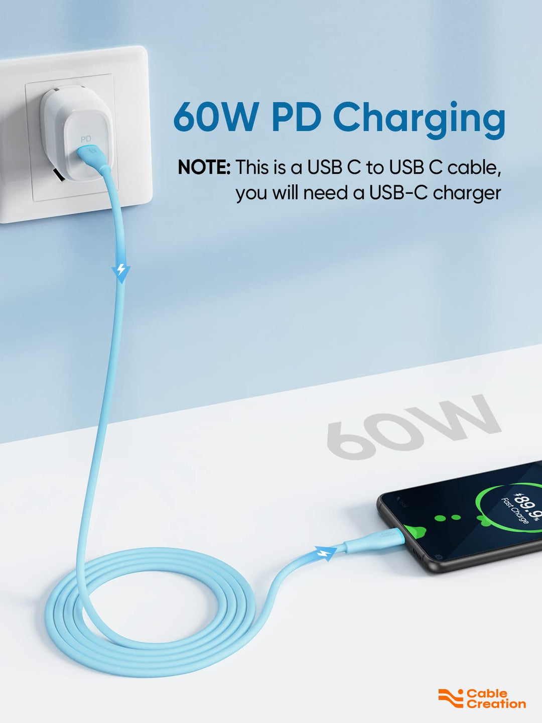 USB C to USB C Cable 6FT/60W, Soft Silicone USB C Charger Cable for iPhone 15 Pro, Galaxy S22/S21, iPad Mini 6/Air 4, MacBook Pro/Air, Pixel, etc, Blue