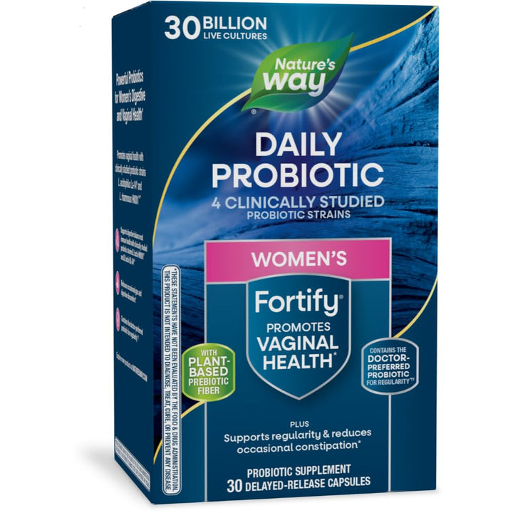 Nature&#39;s Way Fortify Daily Probiotic for Women, 30 Billion Live Cultures, 10 Strains, Prebiotics, Supports Digestive &amp; Immune Health*, No Refrigeration Required, 30 Capsules (Packaging May Vary)