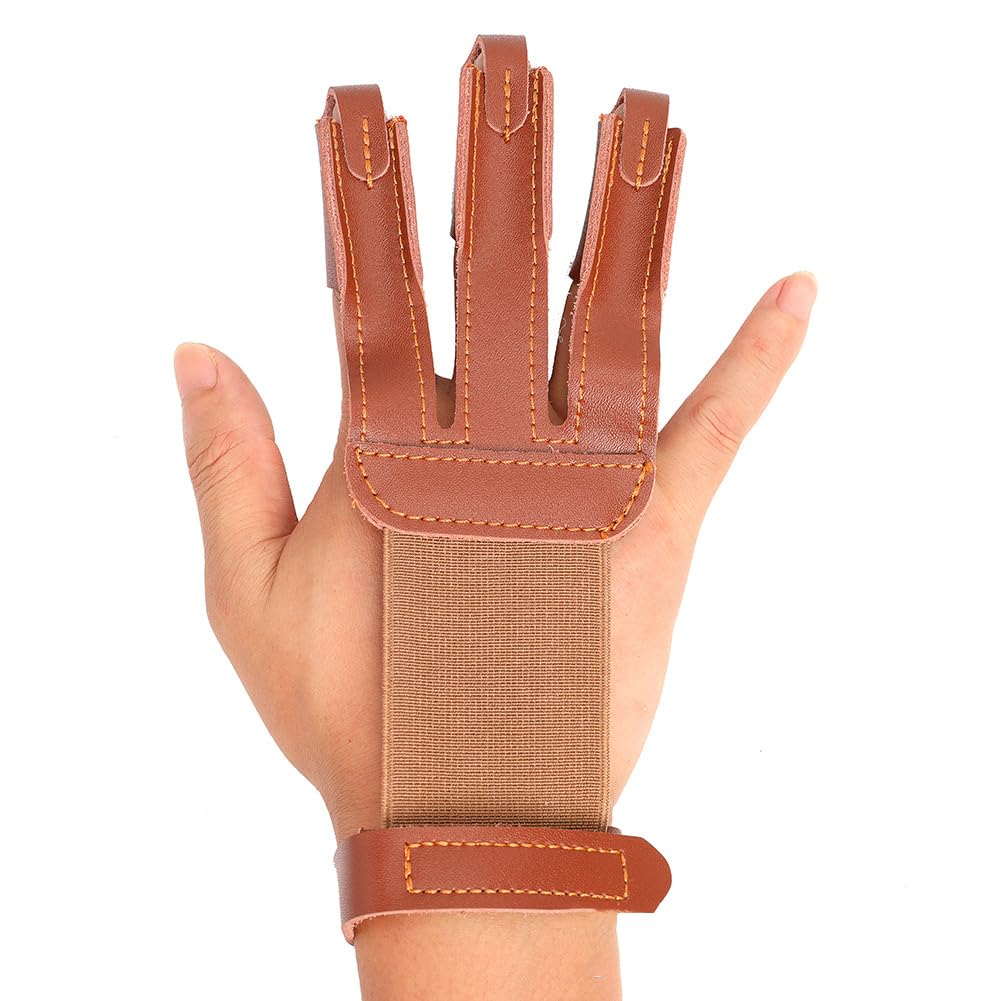 Leather Archery Hand Glove Finger Tab Hand Guard Protector Long Bow for Right Hand 3 Fingers Brown