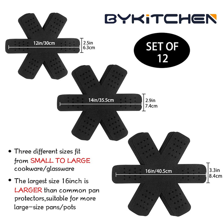 Pan Protector with Stars, Set of 12 and 3 Different Sizes, Black Pan Separators, Felt Pot Protectors for Stacking and Separating Your Cookware