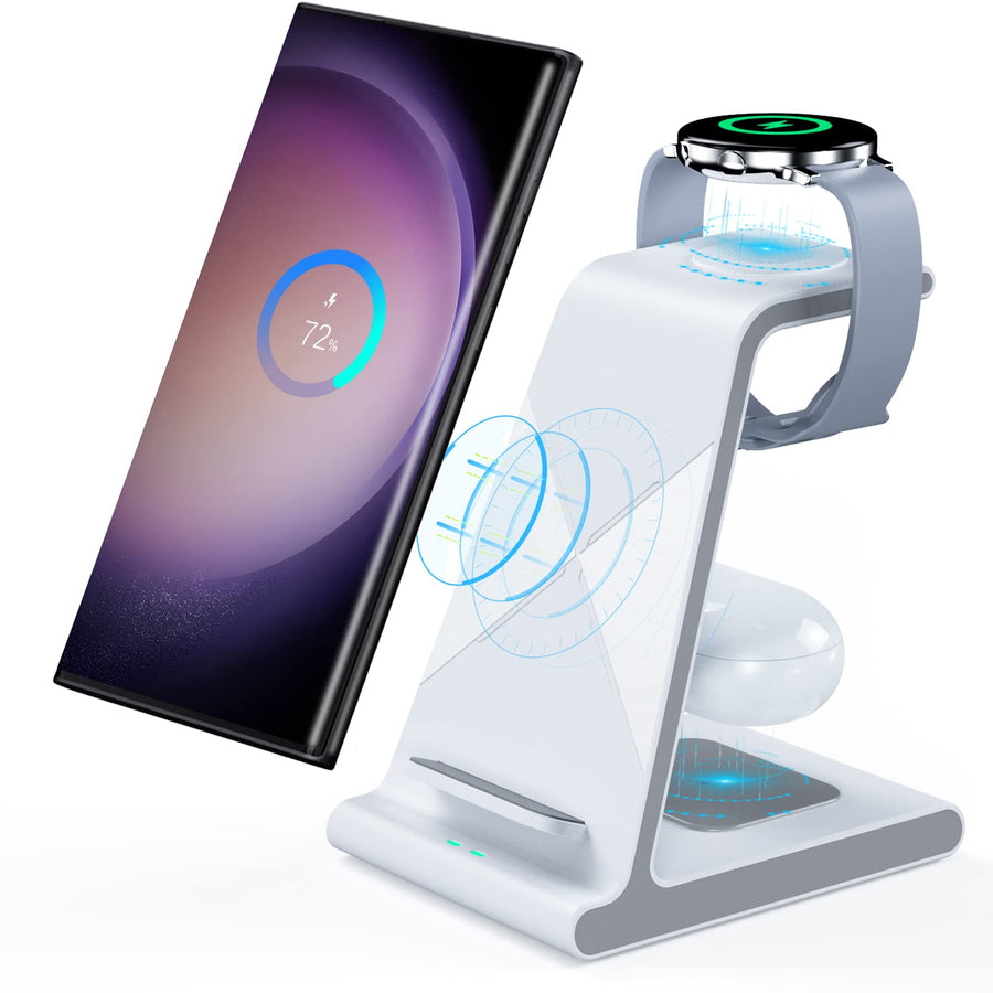Wireless Charger for Samsung Galaxy S23 Ultra S22 Z Flip 3/Fold 3 S21 FE, 3 in 1 Wireless Charging Station for S21/20/10/9, Galaxy Watch 7/6/5/4/3/1/Active 2/1/Buds/Pro, Gear S4/3 Sport (White)