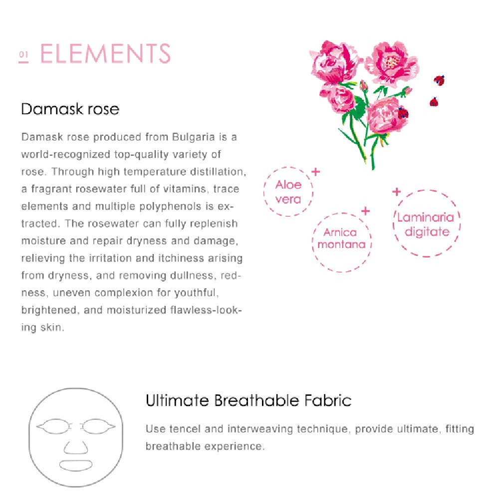 -Damask Rose Facial Mask, Softening and Brightening Collagen Essence Face Sheet Mask for Natural Look(8 Combo Pack)