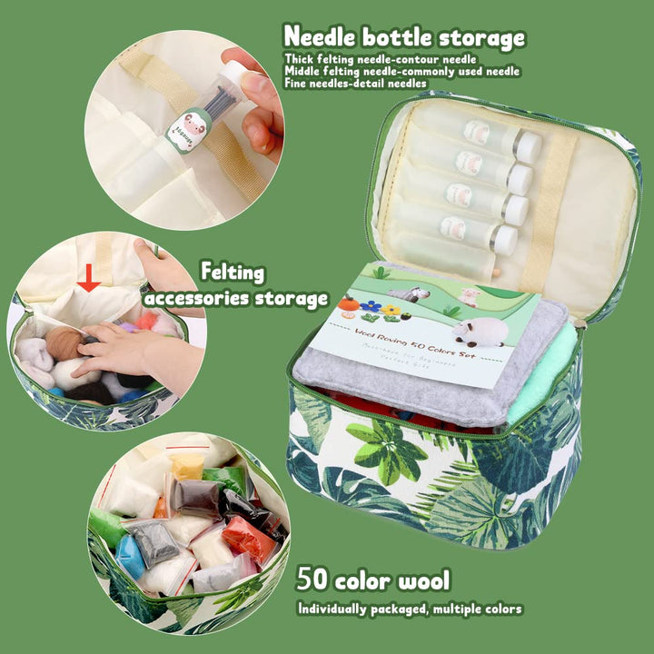 Needle Felting Starter Kit with Exquisite Green Storage Bag, Wool Roving 50 Colors Set, Felting Tools Kit for Felted Animal Needle Felting Supplies