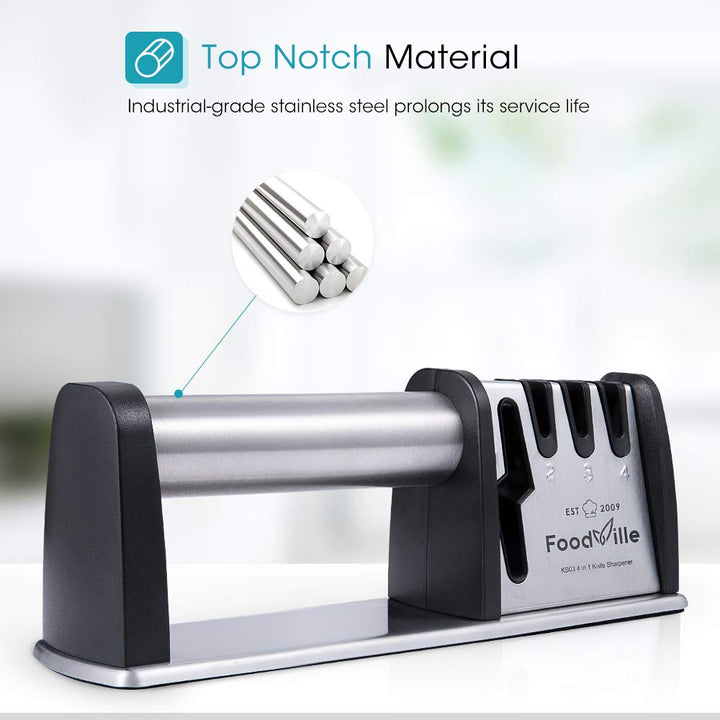 KS04 Knife Sharpener for Kitchen Knife Pocket Knife Hunting Knives Including Straight and Serrated Blades and Scissors (3 Slots) (Silver)