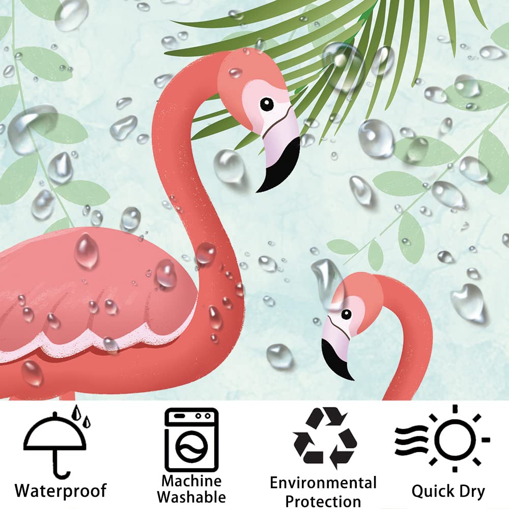 Small Stall Pink Flamingo Green Monstera Shower Curtain 36Wx72H Inch Tropical Birds Green Palm Banana Leaf Print Shower Curtains Set Waterproof Polyester Fabric