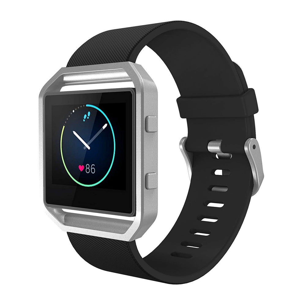 Sport Band Compatible with Fitbit Blaze Smartwatch Sport Fitness, Silicone Wrist Band with Meatl Frame Replacement for Fitbit Blaze Men Women, Large, Black Band+Silver Frame