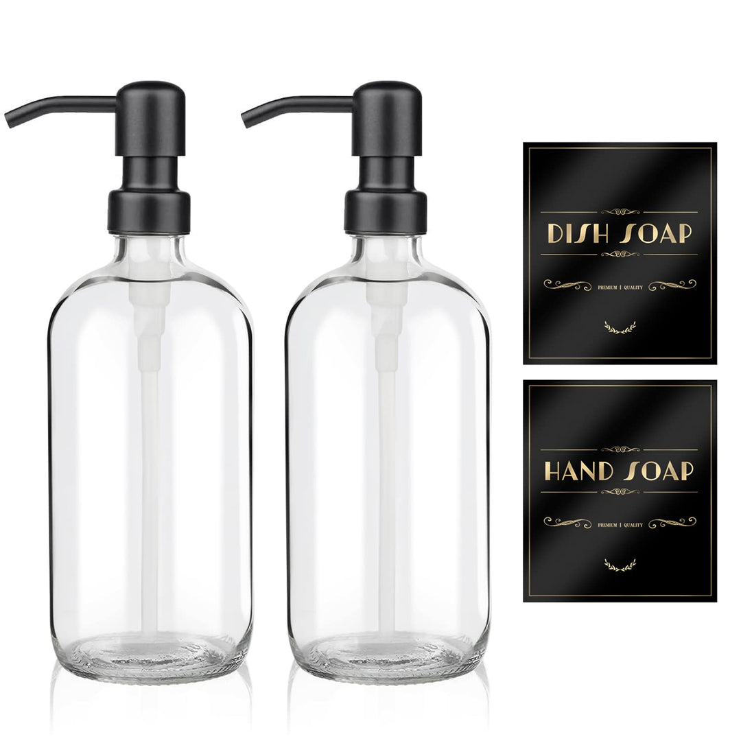 2 Pack Glass Soap Dispenser - Clear Dish Soap Dispenser for Kitchen, Refillable Liquid Hand Soap Dispenser with Rust Proof Stainless Steel Pump for Bathroom, Countertop, Black Pump,17Oz/ 500 ML