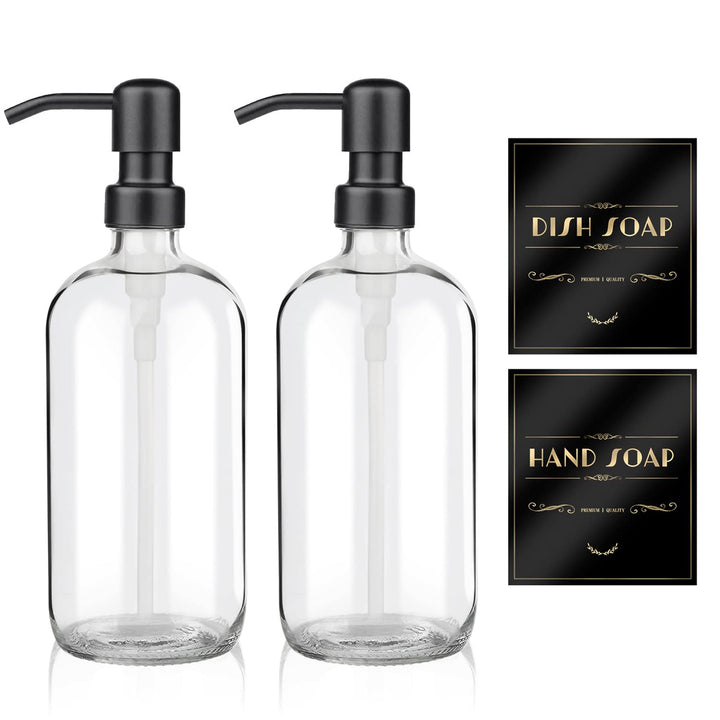 2 Pack Glass Soap Dispenser - Clear Dish Soap Dispenser for Kitchen, Refillable Liquid Hand Soap Dispenser with Rust Proof Stainless Steel Pump for Bathroom, Countertop, Black Pump,17Oz/ 500 ML