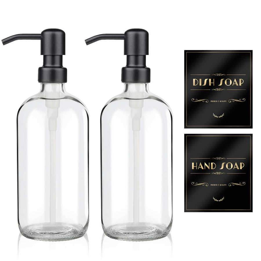 2 Pack Glass Soap Dispenser - Clear Dish Soap Dispenser for Kitchen, Refillable Liquid Hand Soap Dispenser with Rust Proof Stainless Steel Pump for Bathroom, Countertop, Black Pump,17Oz/ 500 ML